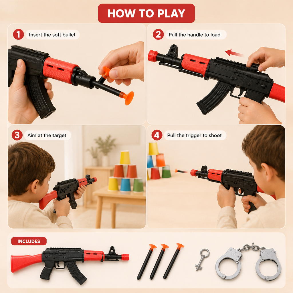 Kids Soft Bullet Police Gun Set with Handcuffs – Red Edition