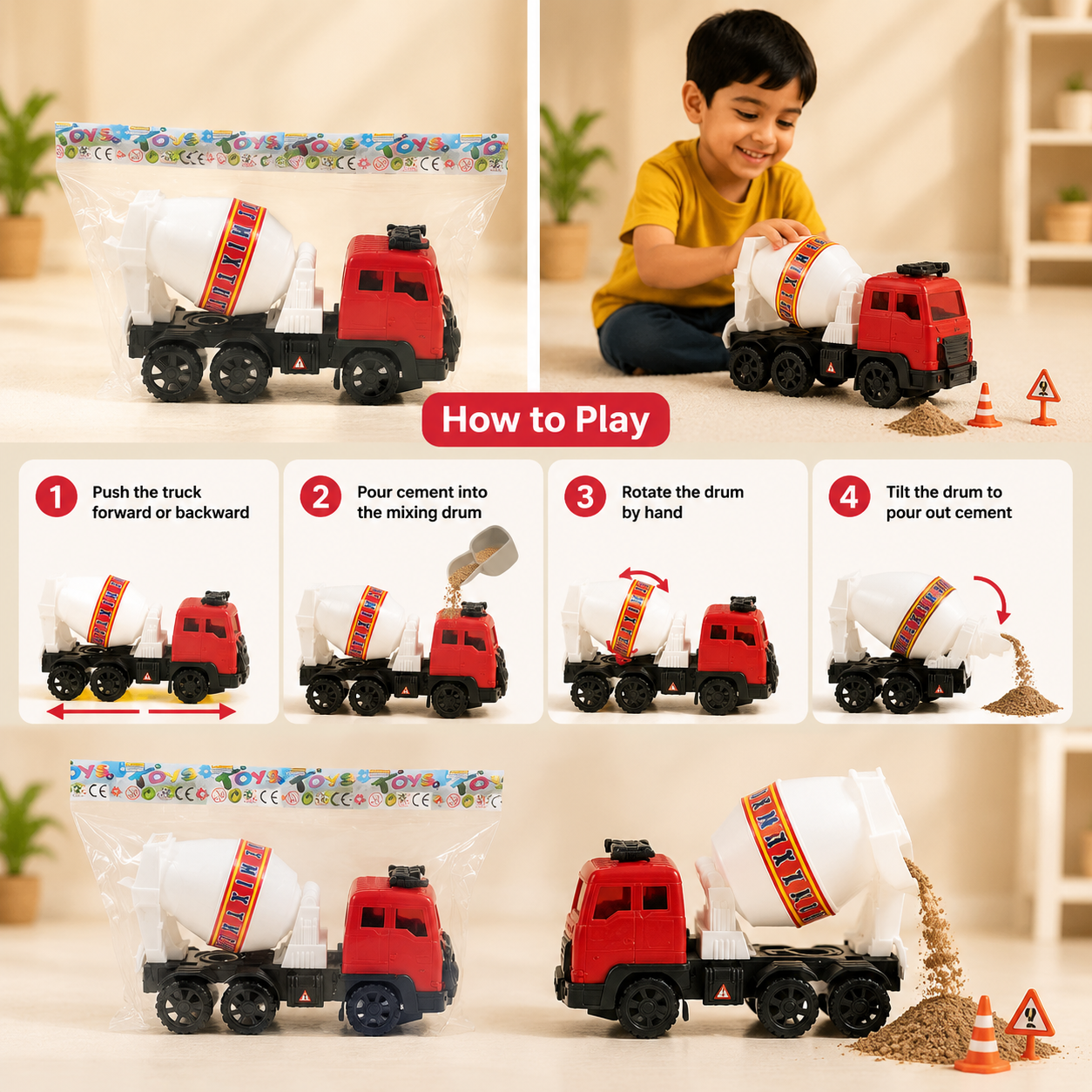Kids Manual Cement Mixer Truck Toy – Rotating Mixing Drum Construction Vehicle