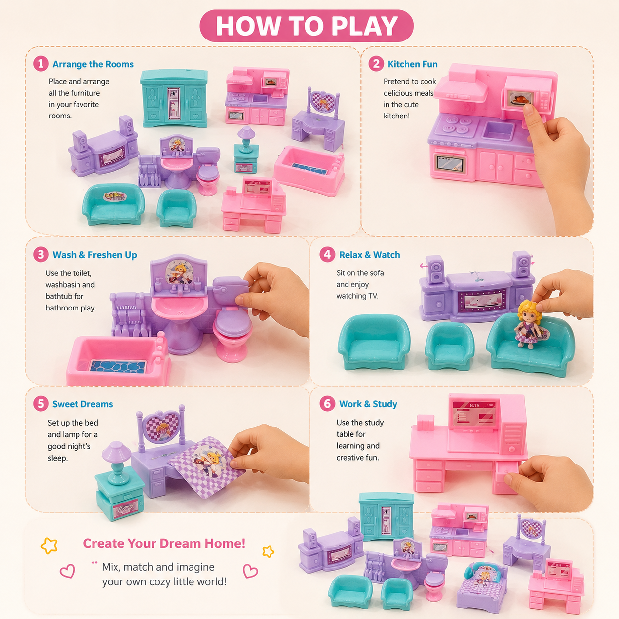 Dreamy Home Mini Furniture Playset for Kids – Dollhouse Room Accessories Set