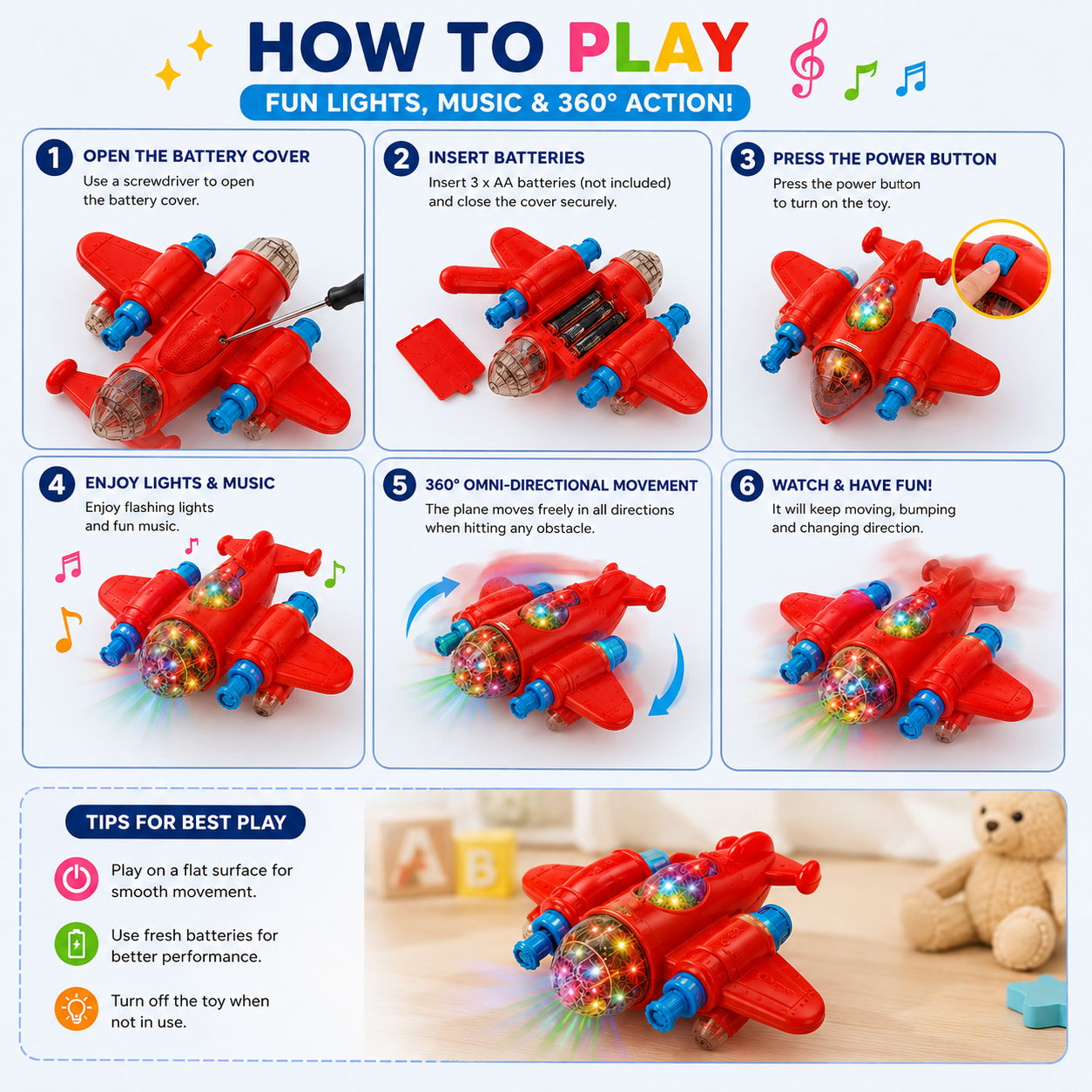 Fun Plane Bump & Go Toy Airplane with Lights, Music & 360° Action