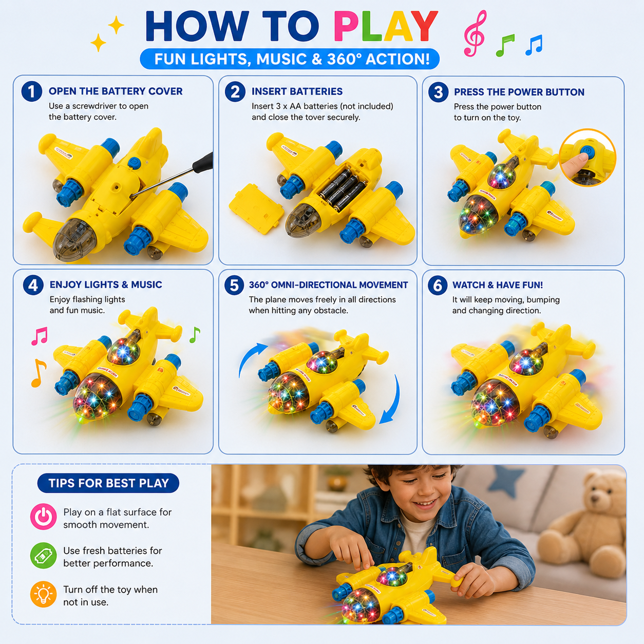 Fun Plane Electric Bump & Go Airplane Toy with Lights & Music – Yellow