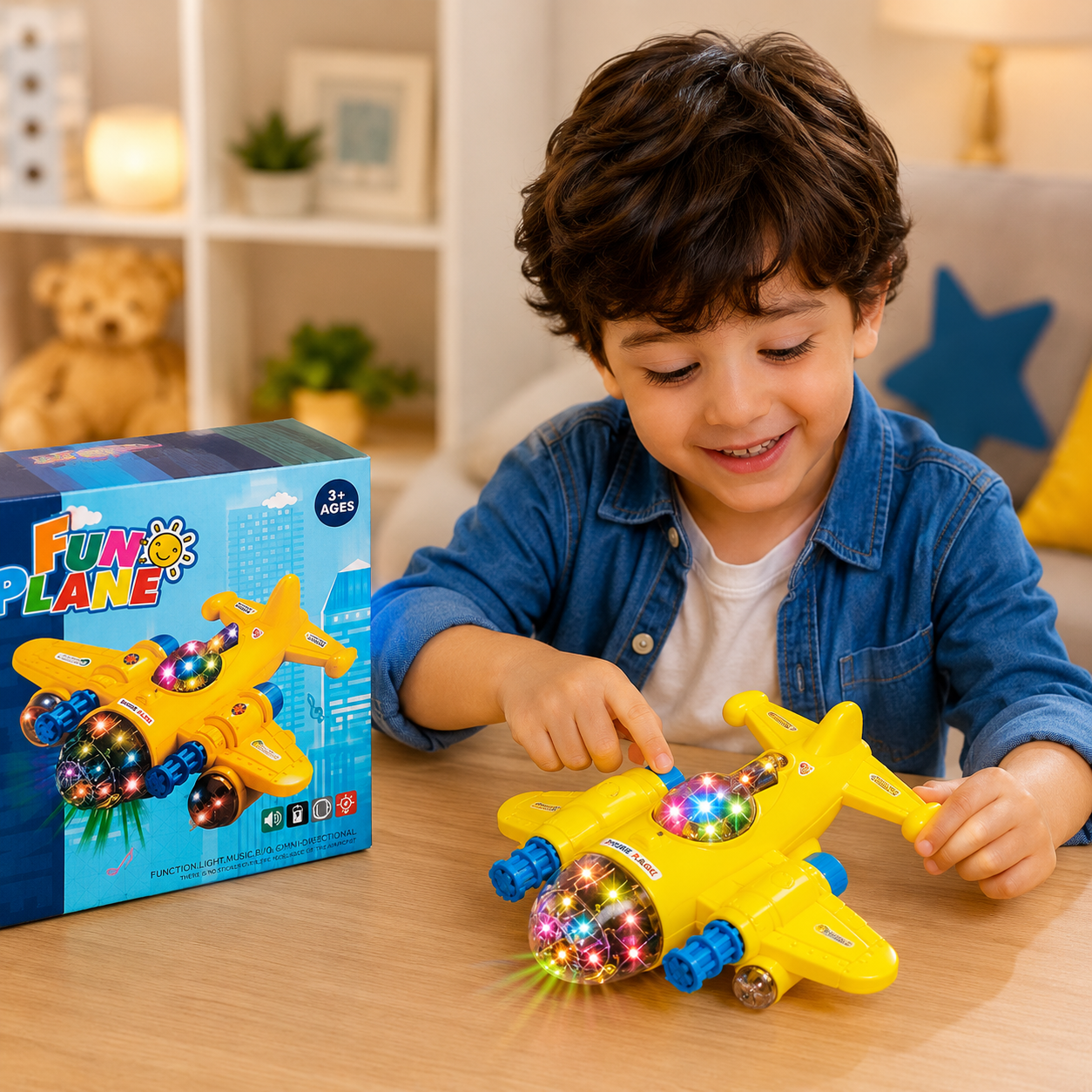 Fun Plane Electric Bump & Go Airplane Toy with Lights & Music – Yellow