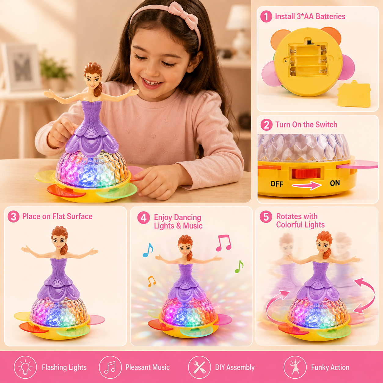 Princess Dance Musical Toy with 3D Flashing Lights & Moving Action