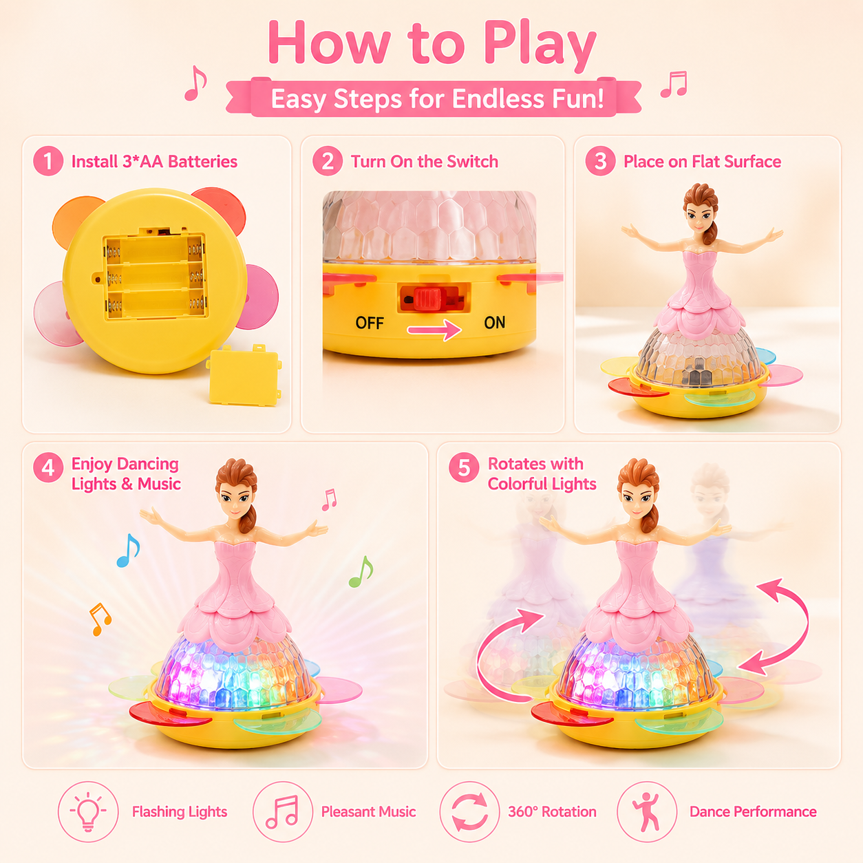 Princess Dance Musical Toy with 3D Flashing Lights & Smart Moving Action