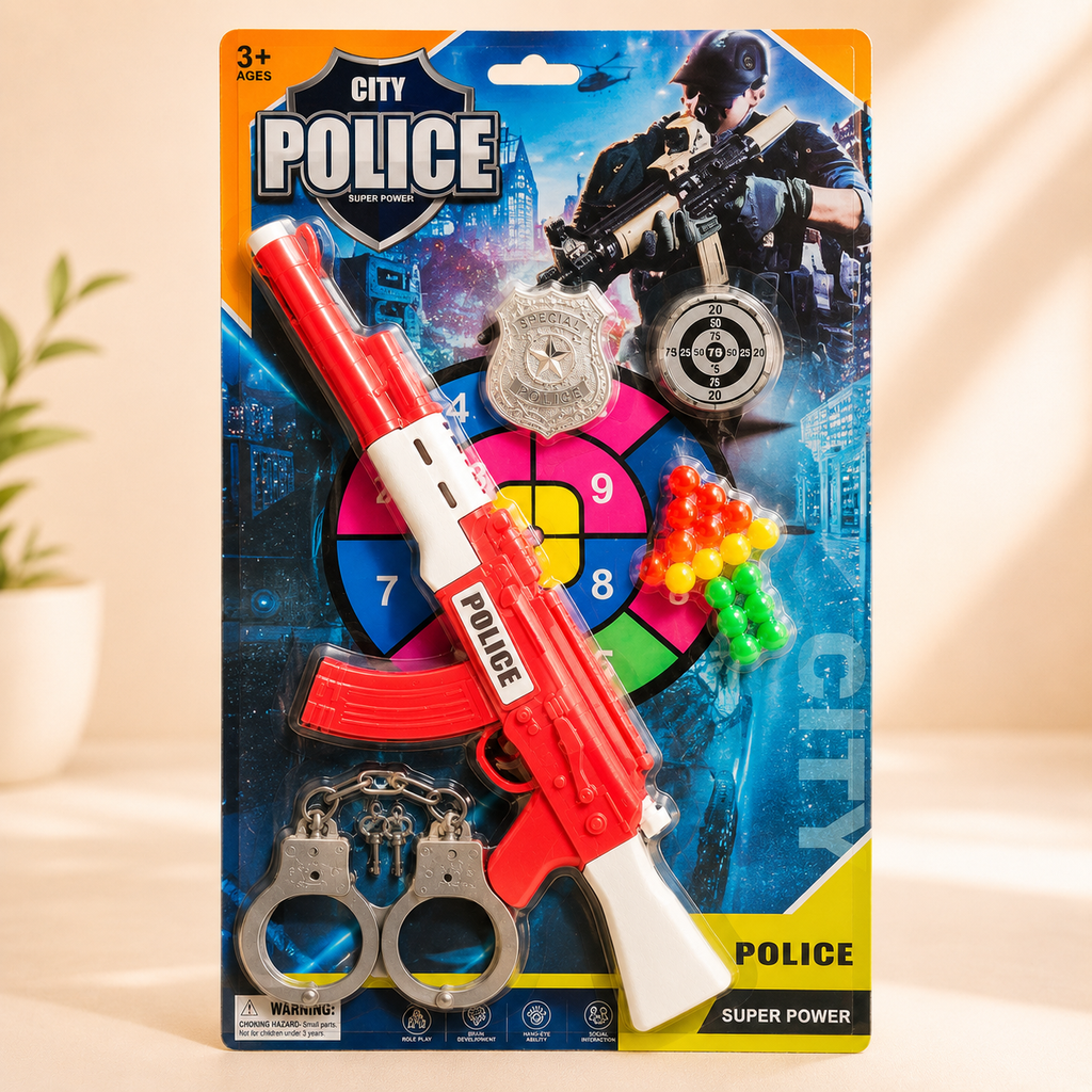 City Police Soft Ball Shooting Gun Toy Set with Target & Handcuffs – Red Edition