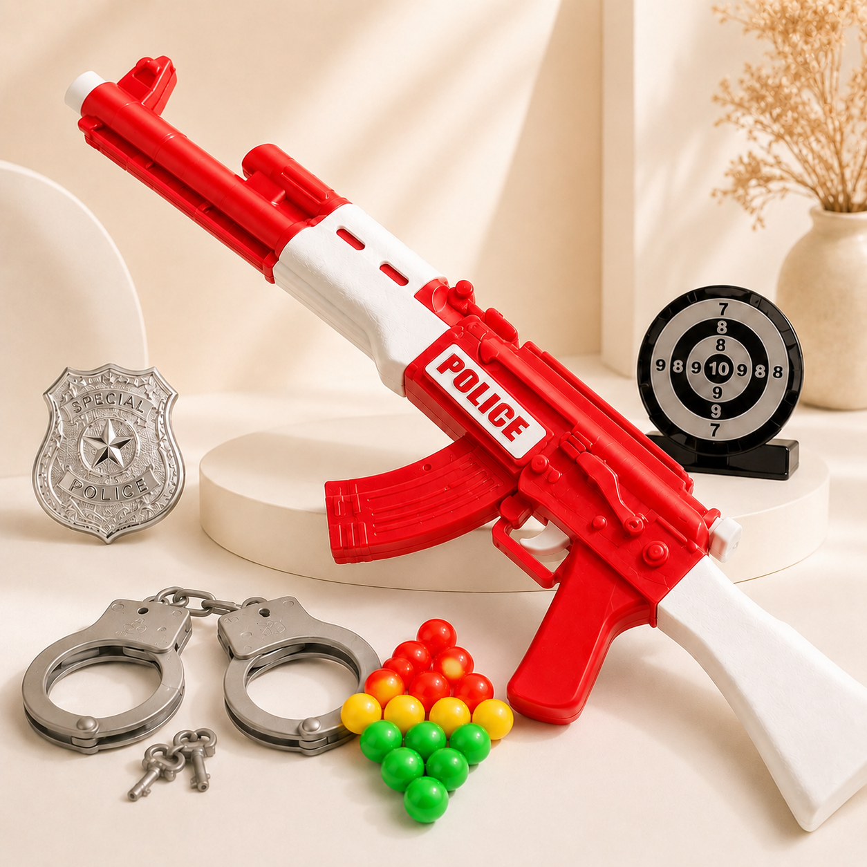 City Police Soft Ball Shooting Gun Toy Set with Target & Handcuffs – Red Edition