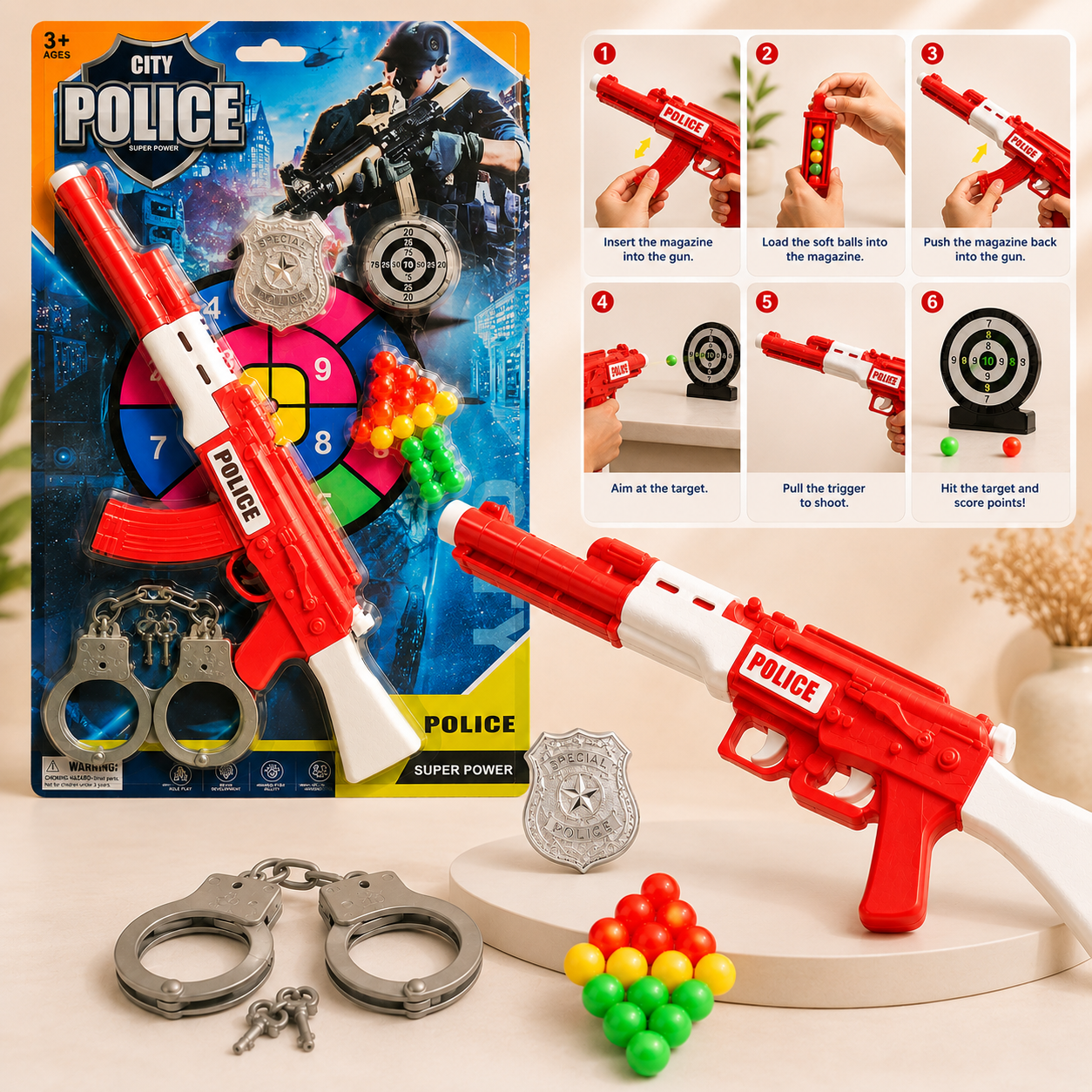 City Police Soft Ball Shooting Gun Toy Set with Target & Handcuffs – Red Edition